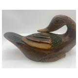 Pair of Handcarved Wooden Duck Figurines with Colorful Details