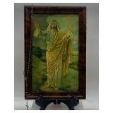 Vintage Jesus Print with Wooden Frame and Colorful Rosary