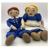 Set of 2 Vintage Handmade Cloth Dolls with Embroidered Features