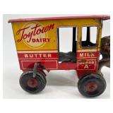 Vintage Toytown Dairy Tin Toy Horse and Wagon