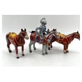 Vintage Mikuni Tinplate Toy Knight and Three Horses Set