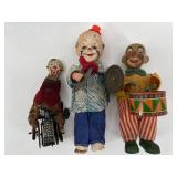Set of 3 Vintage Wind-Up Clown Toys for Parts or Repair