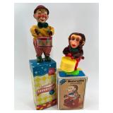 Set of 2 Vintage Mechanical Toys: Drumming Clown & Musical Monkey