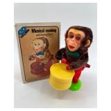Set of 2 Vintage Mechanical Toys: Drumming Clown & Musical Monkey
