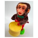 Set of 2 Vintage Mechanical Toys: Drumming Clown & Musical Monkey