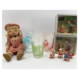 Collection of 3 Uncle Sam Glasses, Doll, and Little Moppet Figurines