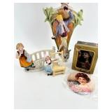Collection of Antique German Porcelain Figurines, Mirror and Artisan Gift Box with Trinkets