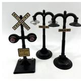 Set of Vintage Model Train Accessories - Railroad Crossing and Street Lamps