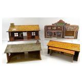 Set of 4 Vintage Tin Litho Western Buildings - Wells Fargo and Bar-M Ranch