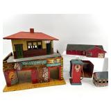 Vintage Tin Litho Pony Express Gas Station Playset