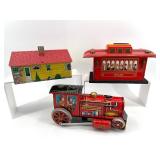 Set of 3 Vintage Tin Toys - Train Engine, Passenger Car, and House Scene