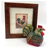 Framed Rooster Artwork and Colorful Rooster Figure Set