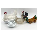 Assorted Chicken-Shaped Ceramic and Glass Decorative Dishes