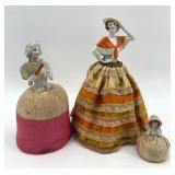 Vintage Half Doll Pincushion Set with Porcelain Figurines