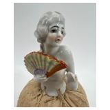 Vintage Half Doll Pincushion Set with Porcelain Figurines