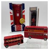 Set of London Themed Die Cast Models with Post Box, Guardsman, and Buses