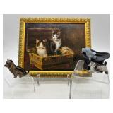 Vintage Cat Painting and Porcelain Animal Figures
