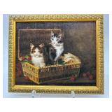 Vintage Cat Painting and Porcelain Animal Figures