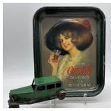 Vintage Coca-Cola Serving Tray and Green Tin Toy Car