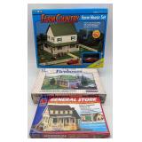 Set of 3 HO Scale Model Kits: Farm Country House, Firehouse, and General Store