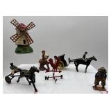 Set of Vintage Metal Figurines and Toys with Horse and Wagon