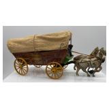 Vintage Tin Litho Covered Wagon Toy with Horses