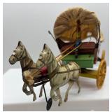 Vintage Tin Litho Covered Wagon Toy with Horses