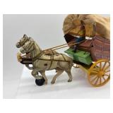 Vintage Tin Litho Covered Wagon Toy with Horses