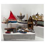 Collection of 13 Handcrafted Model Boats and Ships with Unique Designs