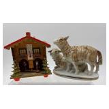 Vintage German Weather House and Porcelain Sheep Figurines