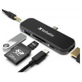 Verbatim 6-in-1 USB C Hub Adapter - 100W Power Delivery, USB 3.0 Ports, SD Card Readers, 3.5mm Audio Port for USB C Laptops
