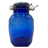 VINTAGE 4 QUARTS CRACKER BARREL STYLE COBALT BLUE GLASS CANISTER JAR COOKIE, FLOUR, SUGAR