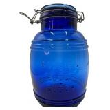 VINTAGE 4 QUARTS CRACKER BARREL STYLE COBALT BLUE GLASS CANISTER JAR COOKIE, FLOUR, SUGAR