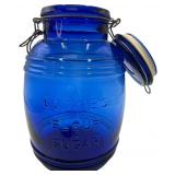 VINTAGE 4 QUARTS CRACKER BARREL STYLE COBALT BLUE GLASS CANISTER JAR COOKIE, FLOUR, SUGAR