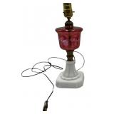 VINTAGE RUBY RED/MARBLE BASE MID-CENTURY CUT TO CLEAR GLASS LAMP, 1 OF 2