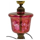 VINTAGE RUBY RED/MARBLE BASE MID-CENTURY CUT TO CLEAR GLASS LAMP, 1 OF 2