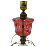 VINTAGE RUBY RED/MARBLE BASE MID-CENTURY CUT TO CLEAR GLASS LAMP, 1 OF 2