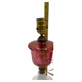 VINTAGE RUBY RED/MARBLE BASE MID-CENTURY CUT TO CLEAR GLASS LAMP, 1 OF 2