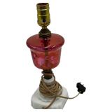 VINTAGE RUBY RED/MARBLE BASE MID-CENTURY CUT TO CLEAR GLASS LAMP, 2 OF 2