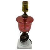 VINTAGE RUBY RED/MARBLE BASE MID-CENTURY CUT TO CLEAR GLASS LAMP, 2 OF 2