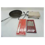 Small Housewares lot: knives, pan, heat plate