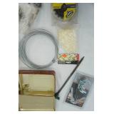 Hardware Lot: tape, trimmer line, wire, band clamp, glue sticks