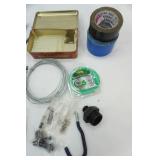 Hardware Lot: tape, trimmer line, wire, band clamp, glue sticks