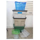 3 large Rubbermaid totes with lids + 4 small containers with 1 lid & basket