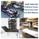 MSRP $8000 NEW In & Out Of Box 10 Medical Field Folding Cots With Mattresses & IV Poles Includes Rolling Storage Cart! Approx 82"x32"x19" 450lb Capacity Great For Cabins, Girl/Boy Scouts Campi