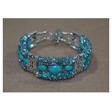 Turquoise Silver Tone Bracelet - Rhinestones