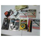 Leather work gloves, tape measure, ...