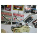 Leather work gloves, tape measure, ...