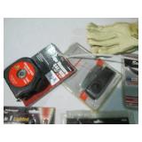 Leather work gloves, tape measure, ...