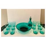 Green Glass Bowl, Small Glasses and Oil Dispenser